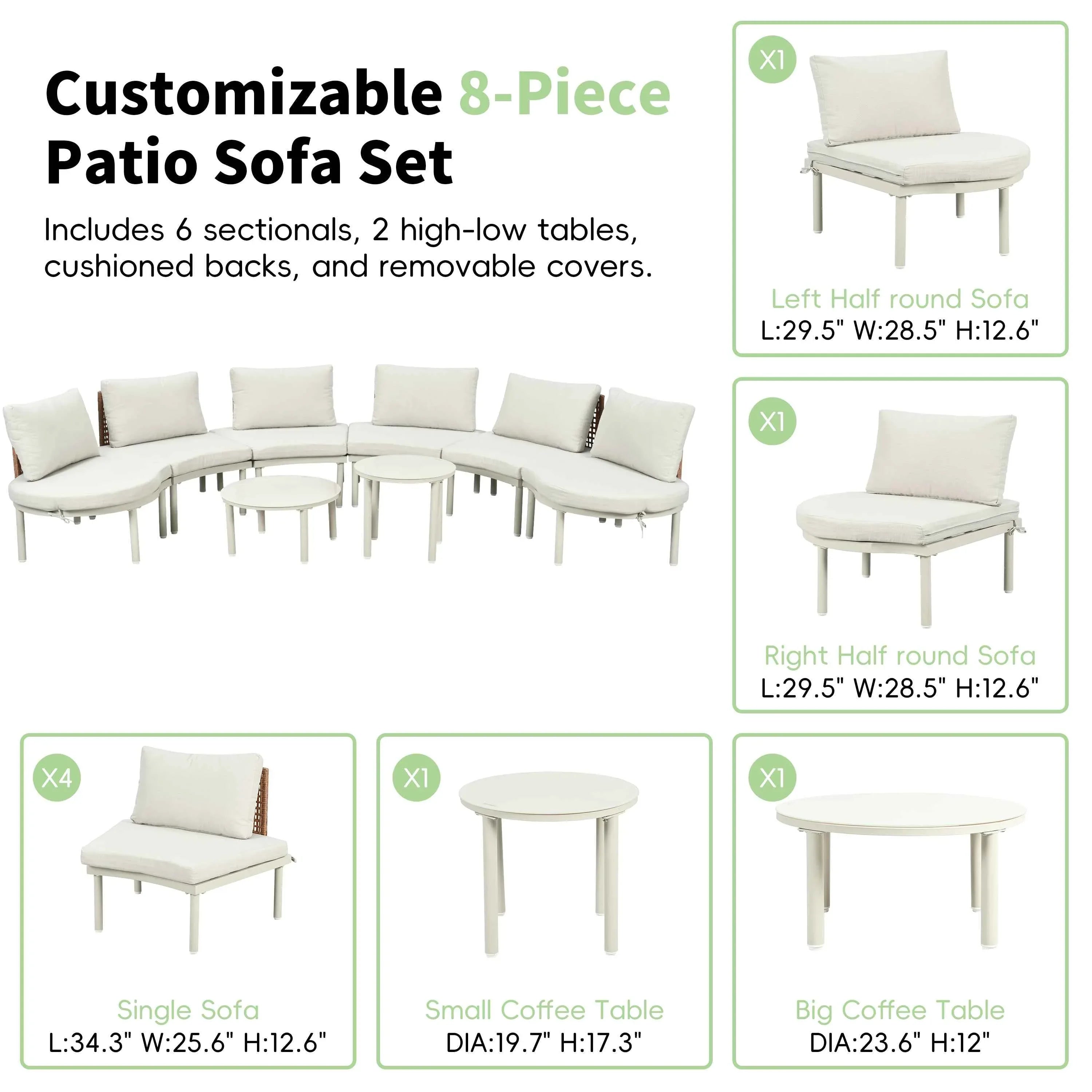 8-Piece Patio Sofa Furniture Set, Half Moon Outdoor Sectional Sofa Trustymall