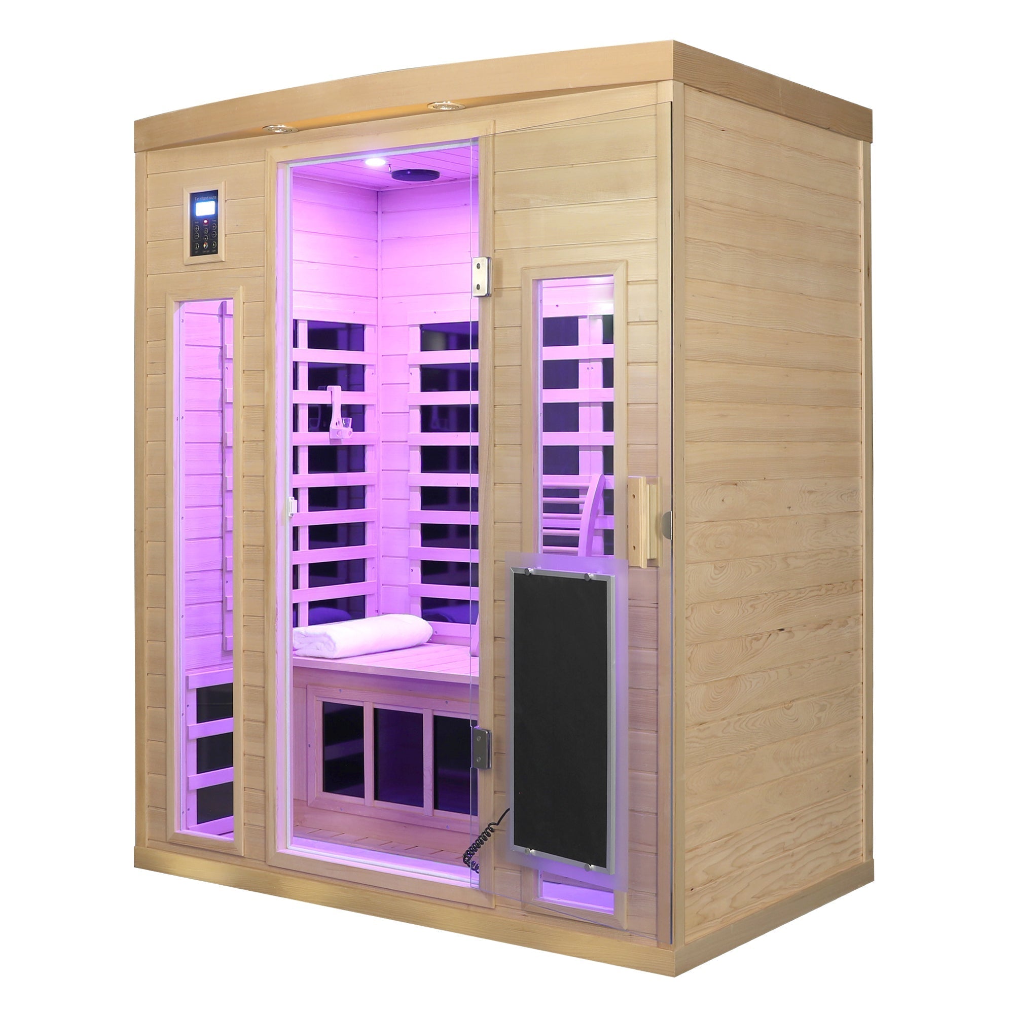 Low EMF, There is also a heating plate on the glass door, Hemlock wood Far-infrared indoor Three person sauna room HouseOfZazla