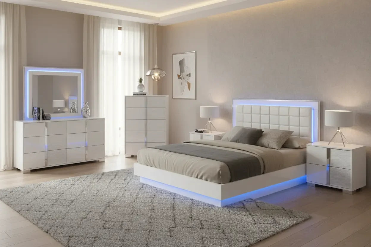 White Wood Lacquer Platform Bedroom Set with Blue LED Lighting - Haus Of Elevation