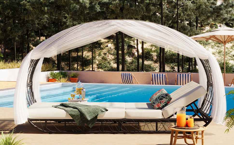 90.55" Outdoor Patio Daybed with Curtain, Sunbed with Cushion and Trustymall