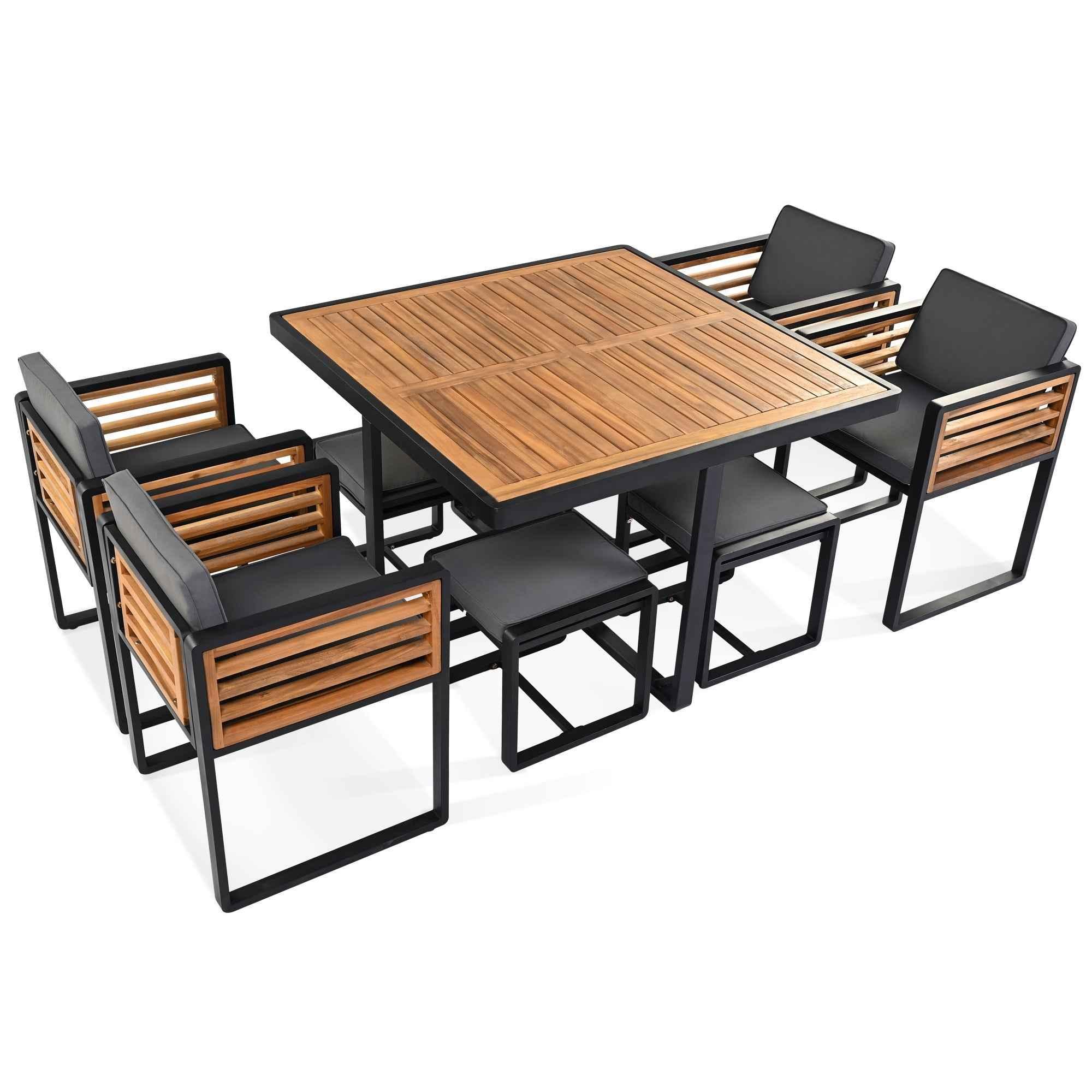 9-Pieces Acacia Wood Patio Dining Set, Space Saving Outdoor Patio Set, Trustymall