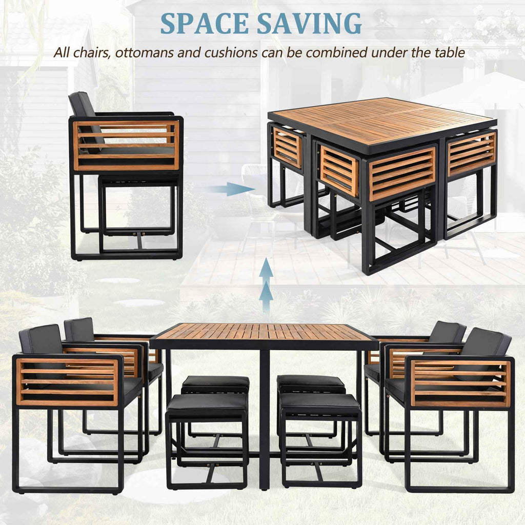 9-Pieces Acacia Wood Patio Dining Set, Space Saving Outdoor Patio Set, Trustymall