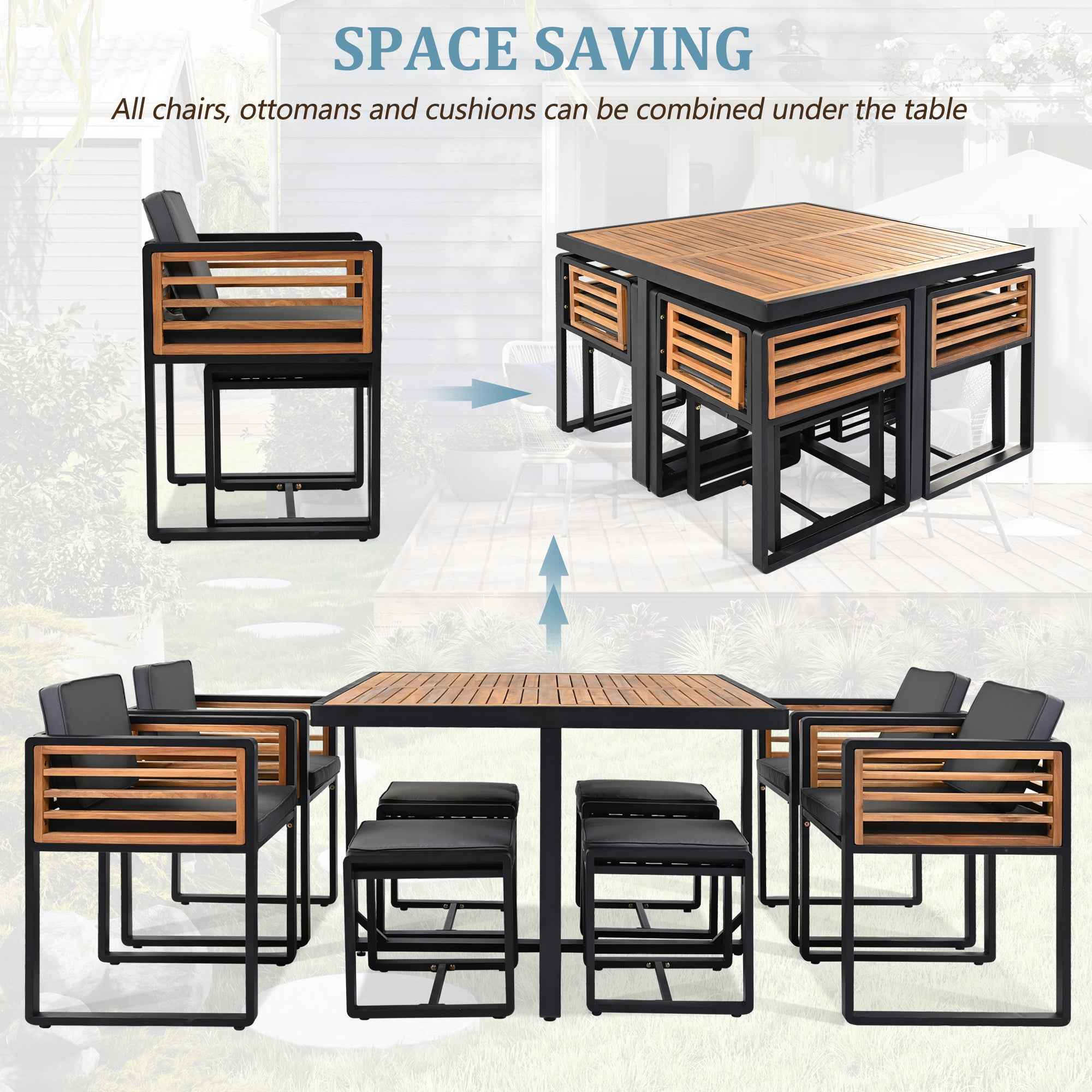 9-Pieces Acacia Wood Patio Dining Set, Space Saving Outdoor Patio Set, Trustymall