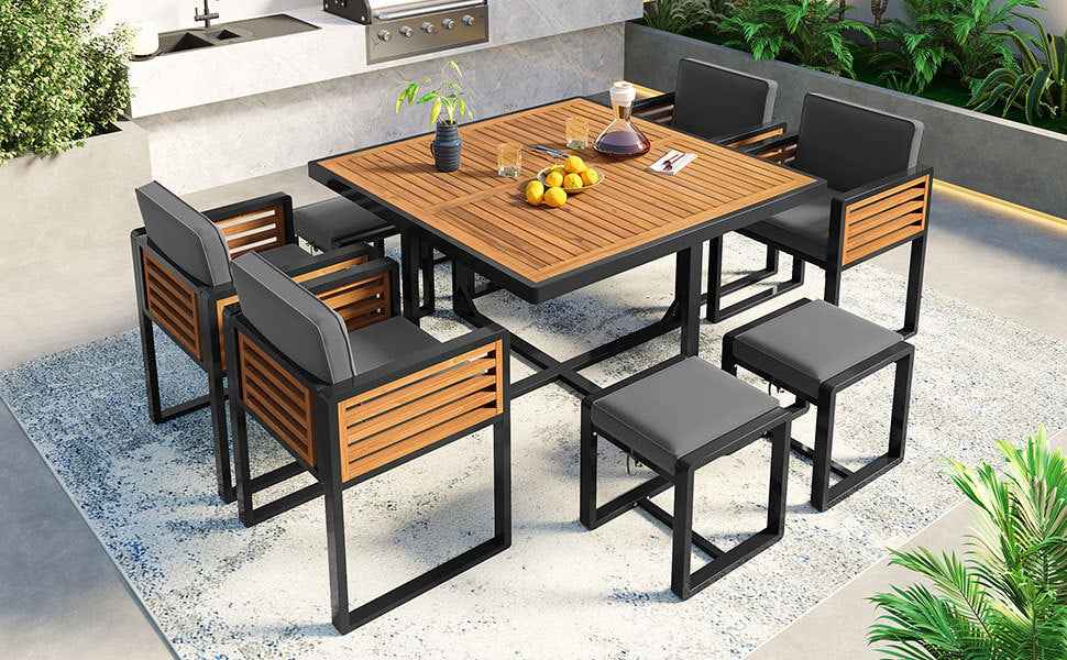 9-Pieces Acacia Wood Patio Dining Set, Space Saving Outdoor Patio Set, Trustymall