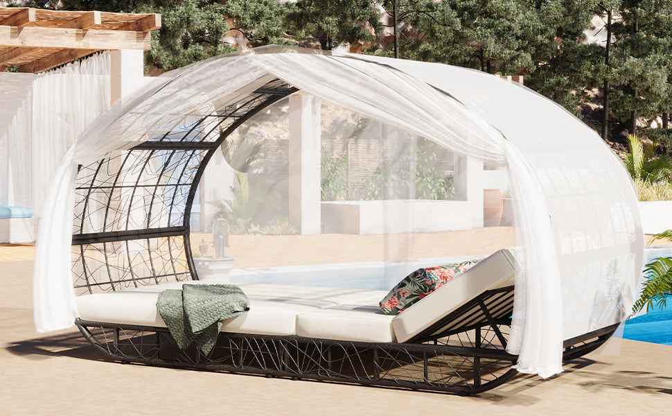90.55" Outdoor Patio Daybed with Curtain, Sunbed with Cushion and Trustymall