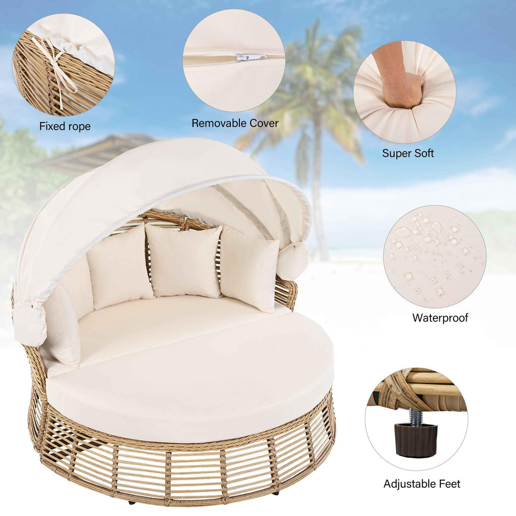Outdoor Patio Rattan Round Daybed with Retractable Canopy, Wicker Trustymall