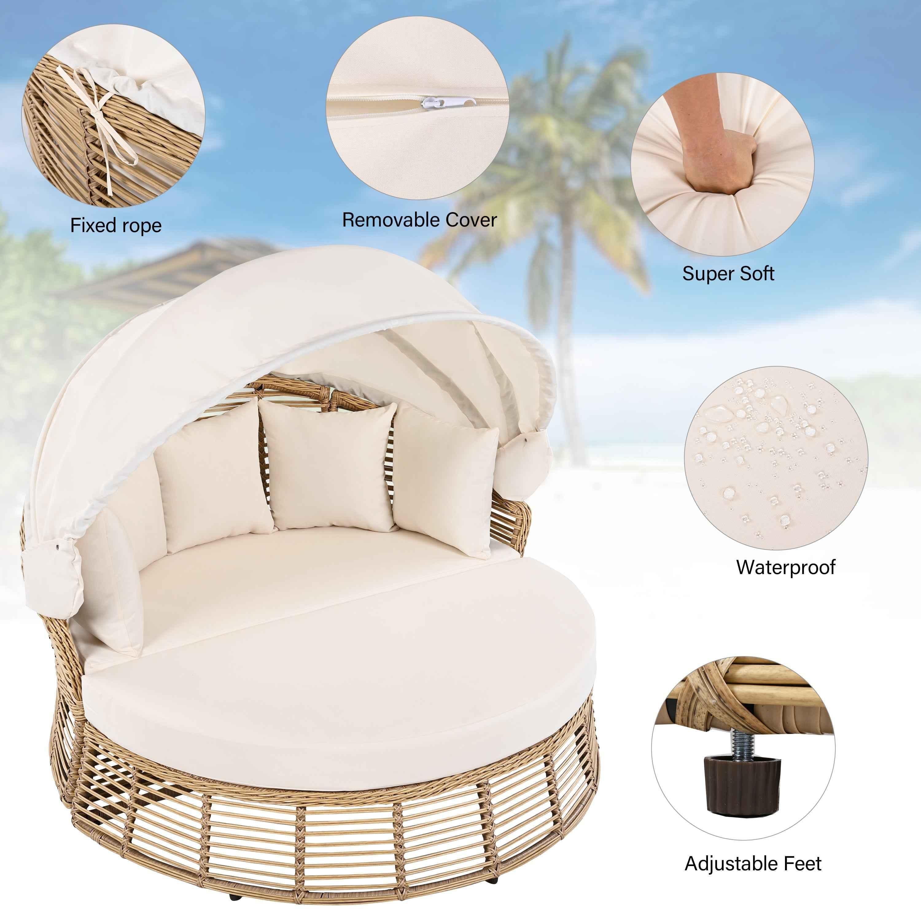 Outdoor Patio Rattan Round Daybed with Retractable Canopy, Wicker Trustymall