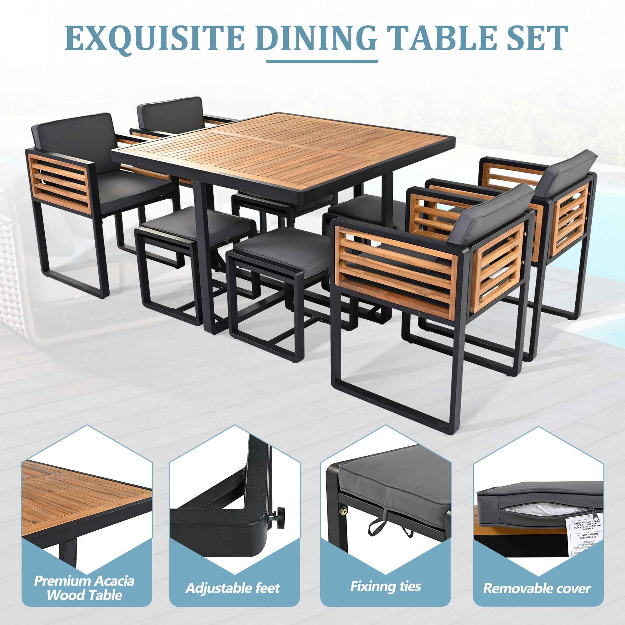 9-Pieces Acacia Wood Patio Dining Set, Space Saving Outdoor Patio Set, Trustymall