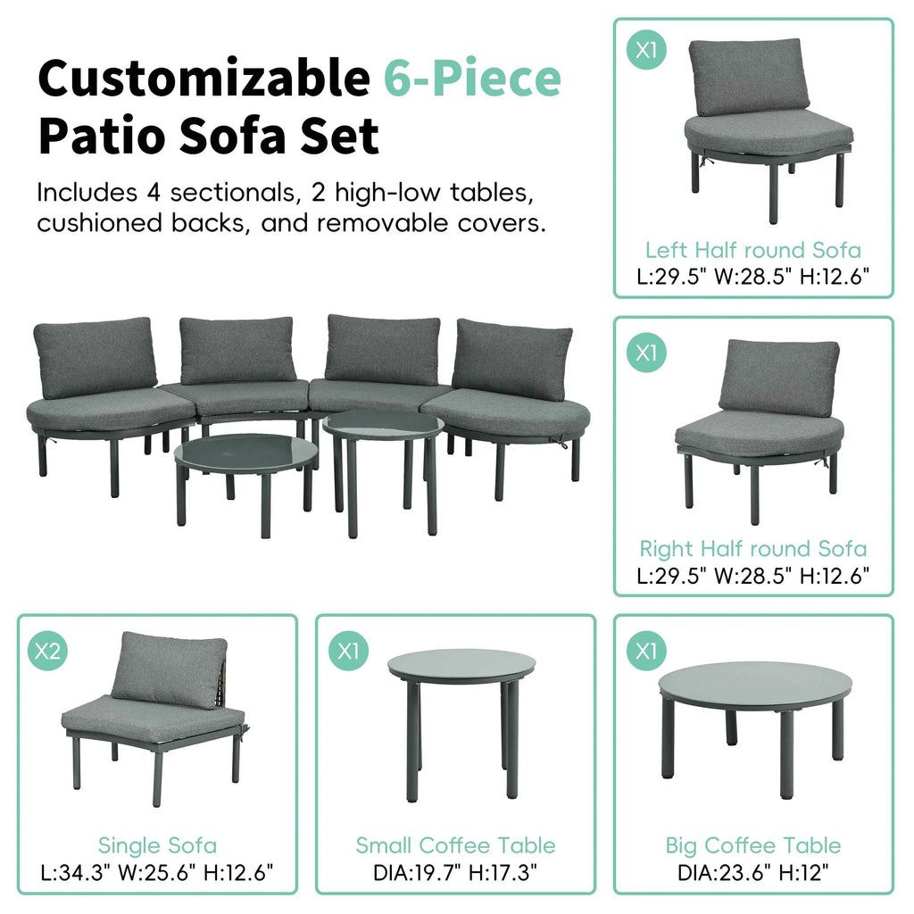 6-Piece Patio Sofa Furniture Set, Half Moon Outdoor Sectional Sofa Trustymall
