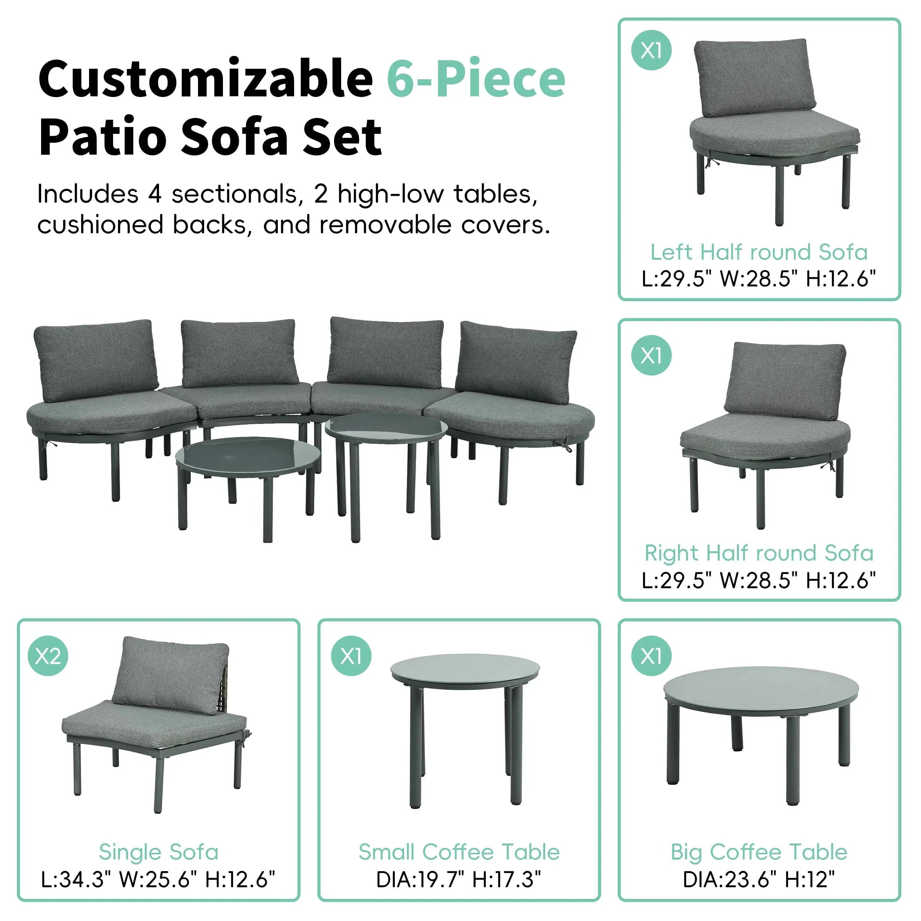 6-Piece Patio Sofa Furniture Set, Half Moon Outdoor Sectional Sofa Trustymall