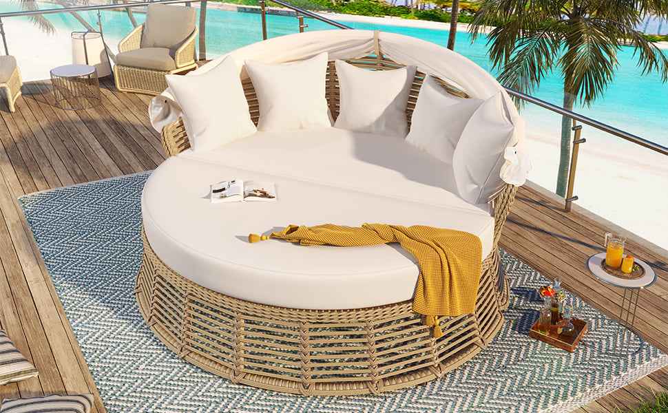 Outdoor Patio Rattan Round Daybed with Retractable Canopy, Wicker Trustymall
