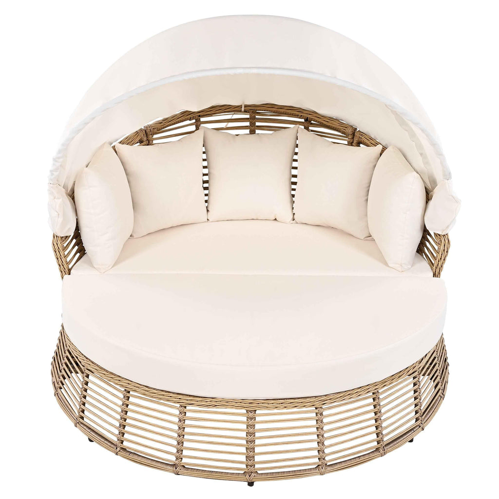 Outdoor Patio Rattan Round Daybed with Retractable Canopy, Wicker Trustymall
