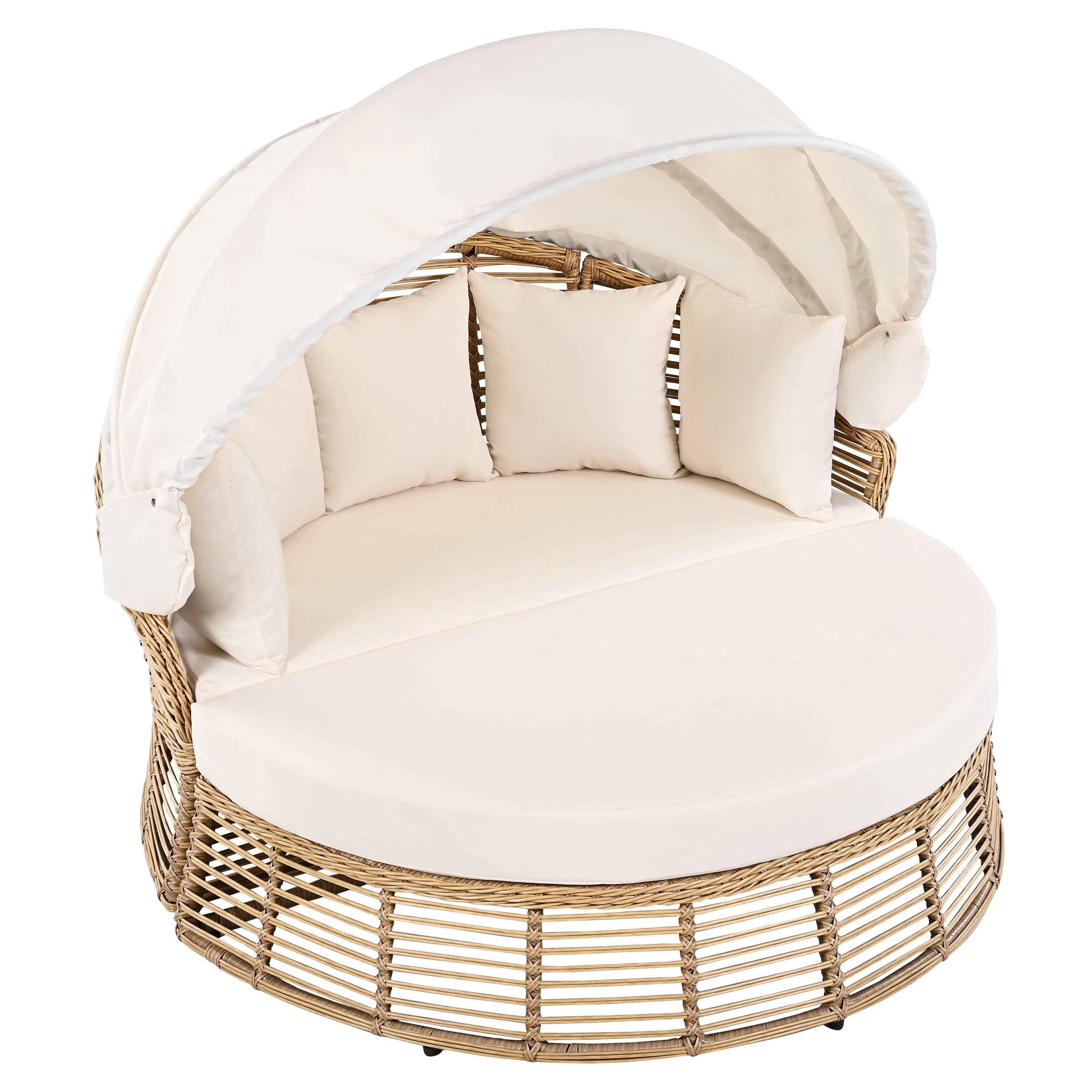 Outdoor Patio Rattan Round Daybed with Retractable Canopy, Wicker Trustymall