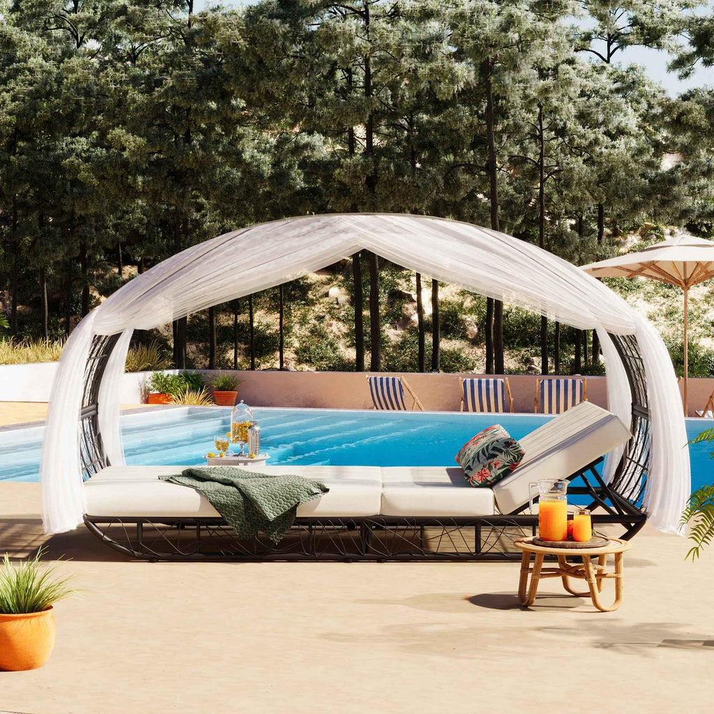 90.55" Outdoor Patio Daybed with Curtain, Sunbed with Cushion and Trustymall