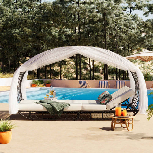 90.55" Outdoor Patio Daybed with Curtain, Sunbed with Cushion and Trustymall