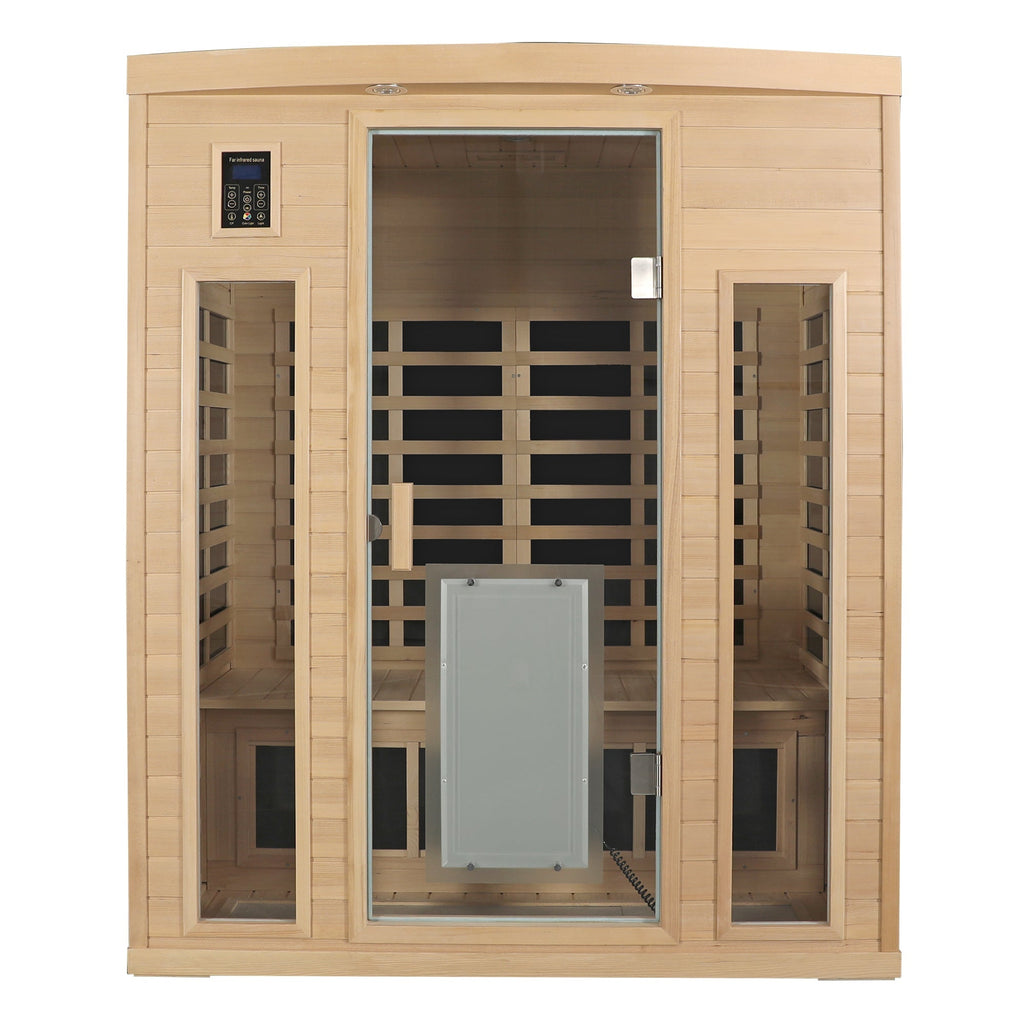 Low EMF, There is also a heating plate on the glass door, Hemlock wood Far-infrared indoor Three person sauna room HouseOfZazla