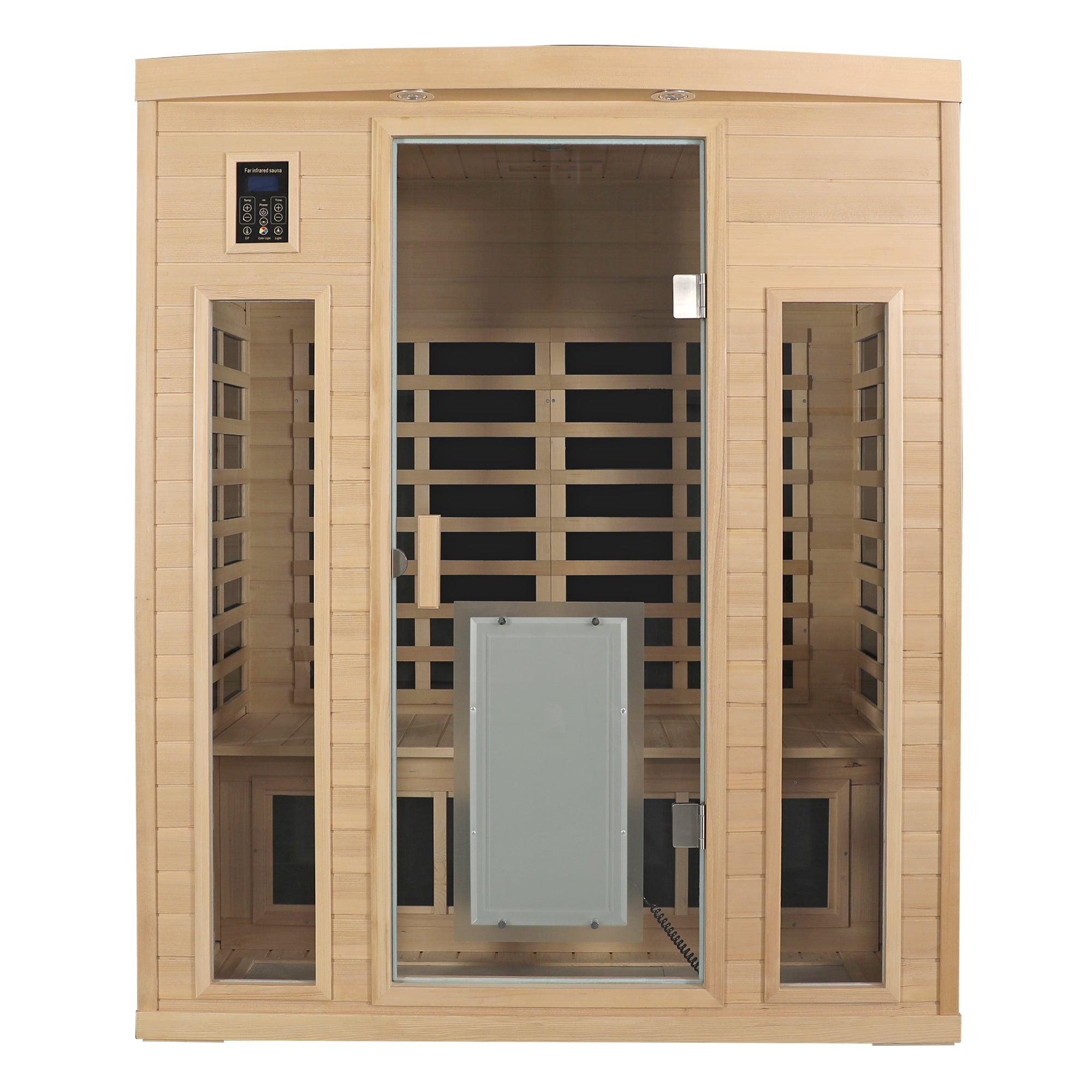 Low EMF, There is also a heating plate on the glass door, Hemlock wood Far-infrared indoor Three person sauna room HouseOfZazla