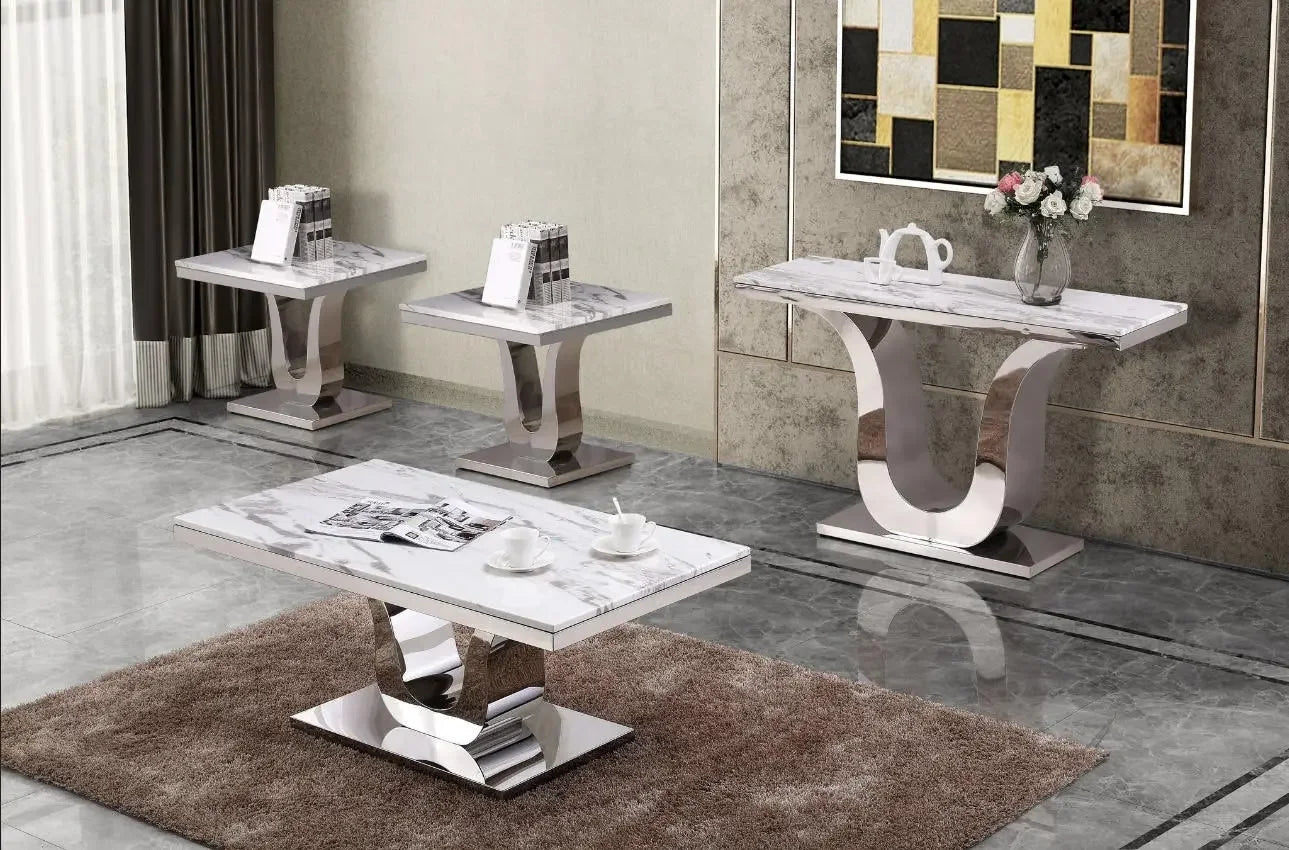 Genuine White Marble 4pc Coffee Table Set with Silver Stainless Steel Base - Haus Of Elevation